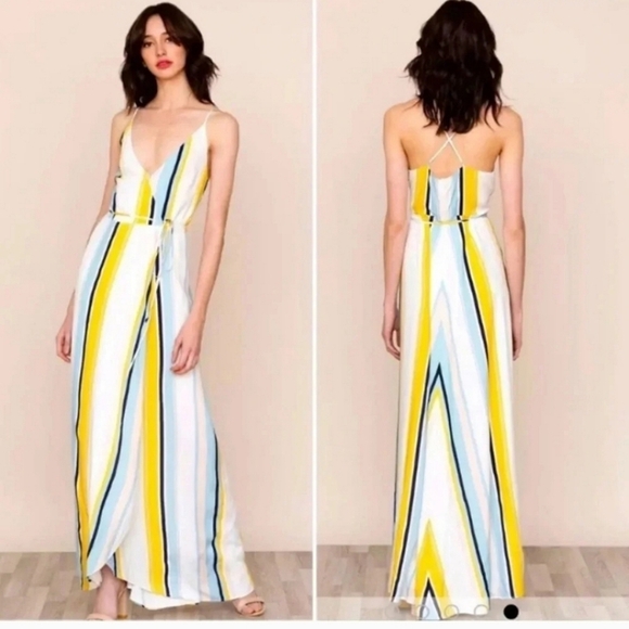 Yumi Kim Striped V-Neck Wrap Full Length Maxi Dress Medium White Spaghetti Strap - Picture 1 of 14